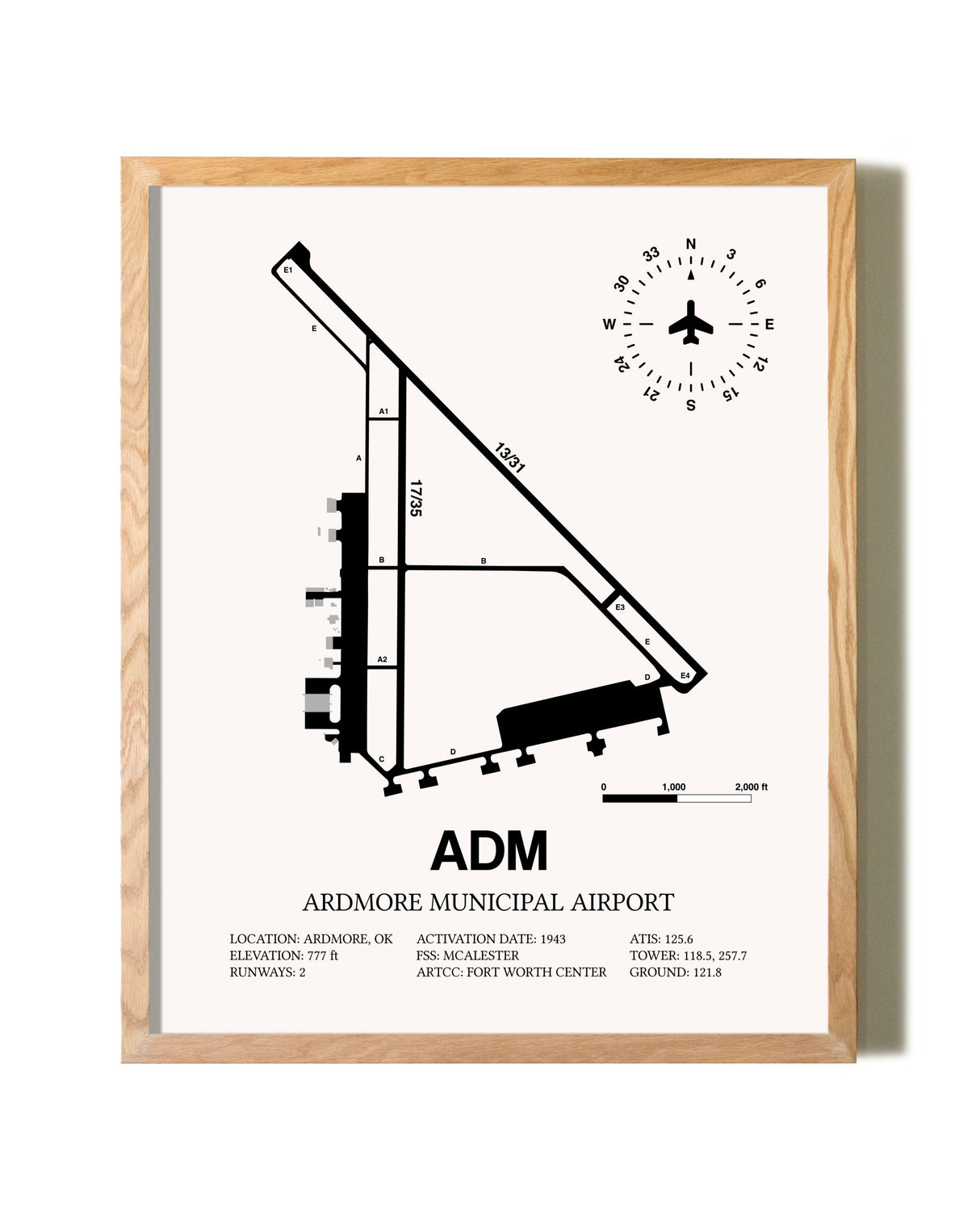 Ardmore Municipal Airport framed print in natural wood frame