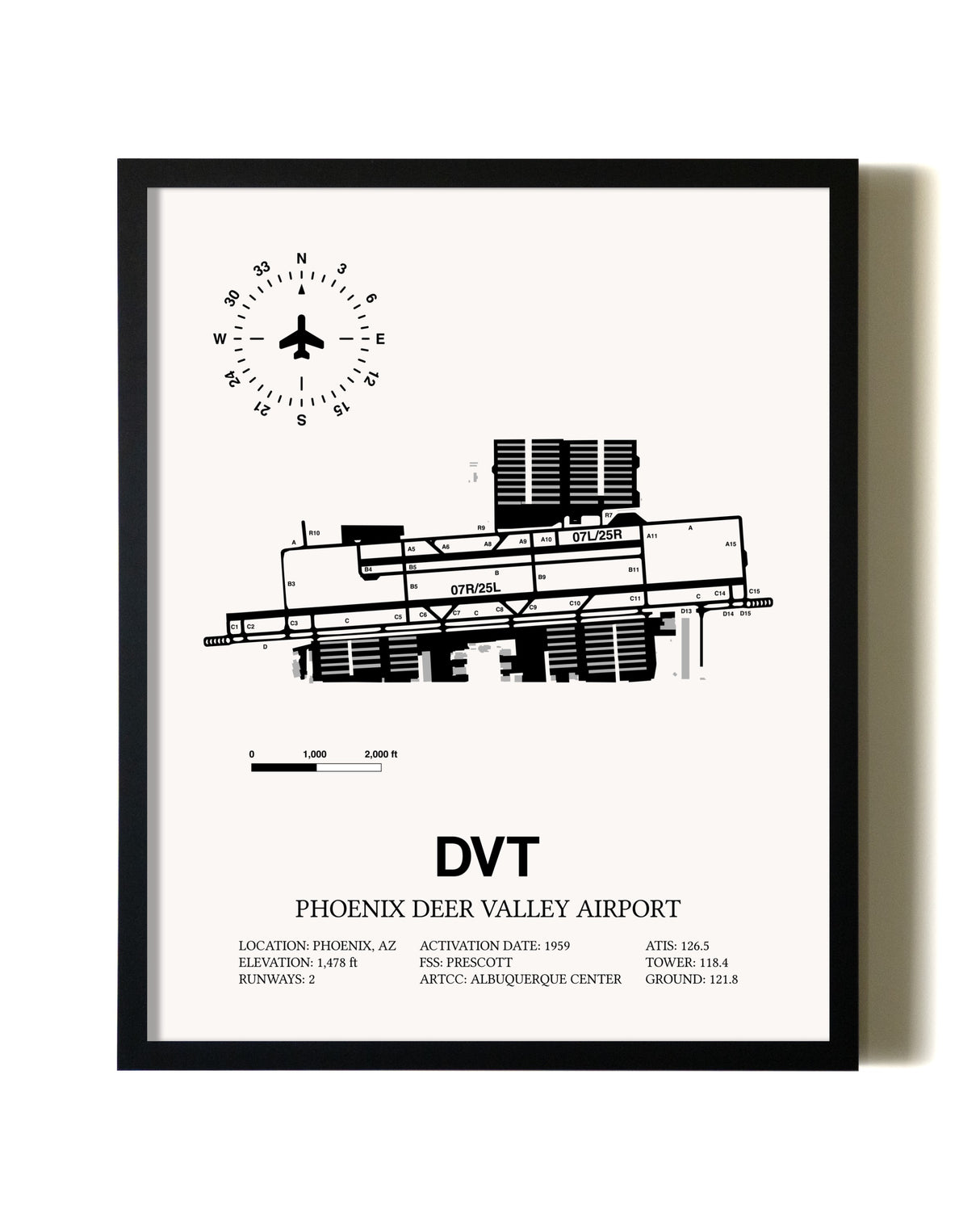 Framed Phoenix Deer Valley Airport wall art poster in black frame