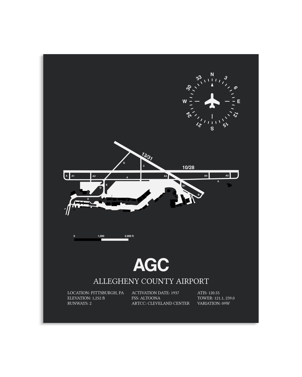 Gray Framed Allegheny County Airport layout wall art poster