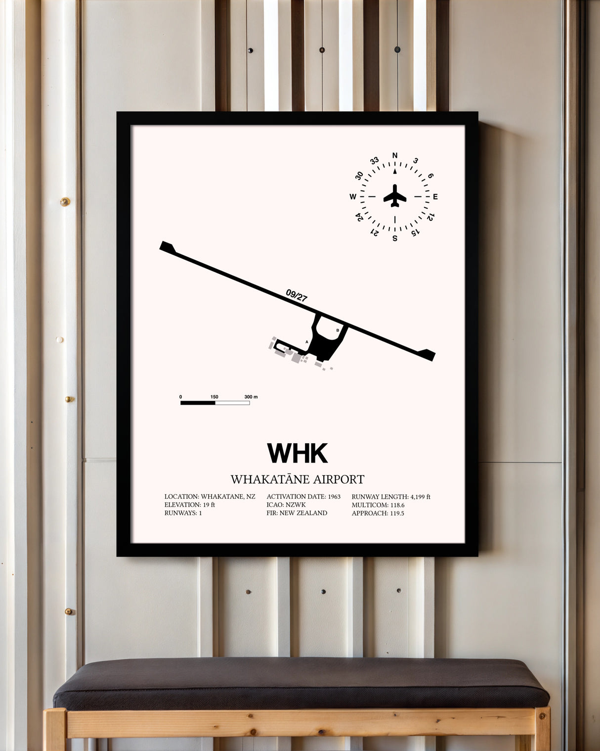 Whakatane Airport framed poster displayed in an airplane hangar