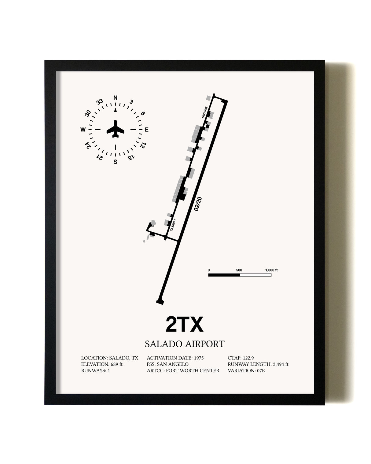 Framed Salado Airport wall art poster in black frame