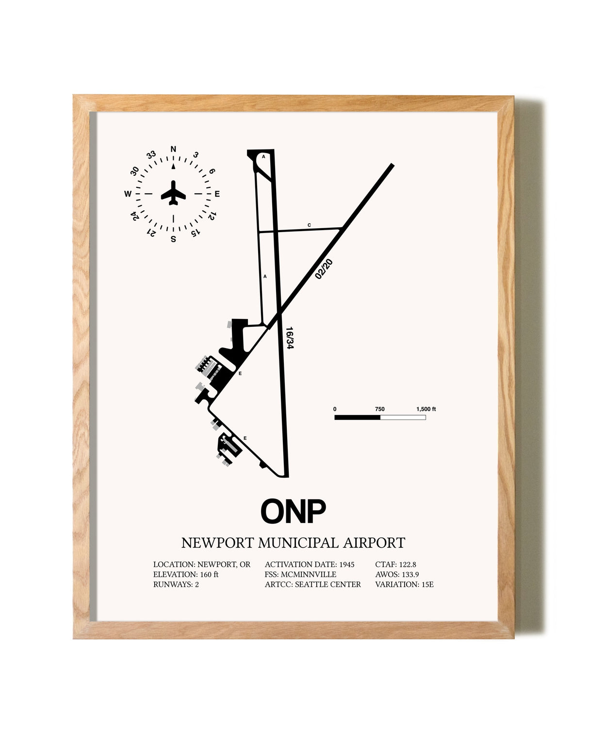 Newport Municipal Airport framed print in natural wood frame