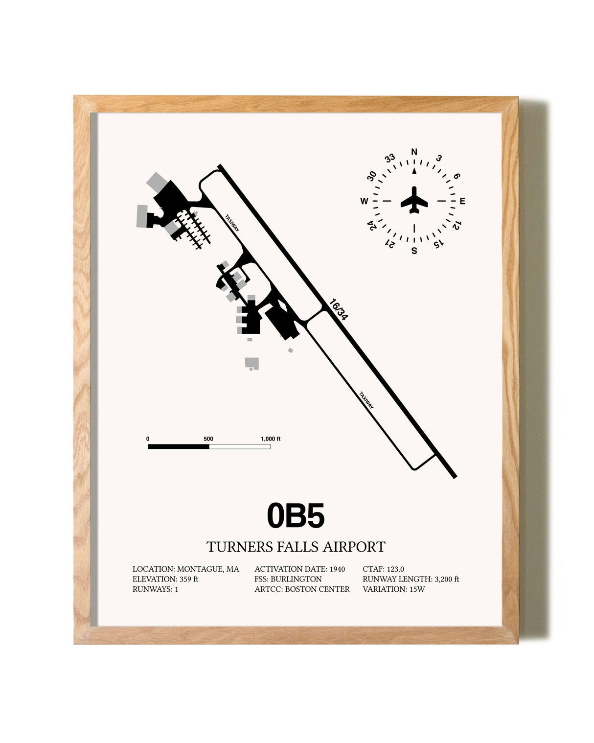 Turners Falls Airport framed print in natural wood frame
