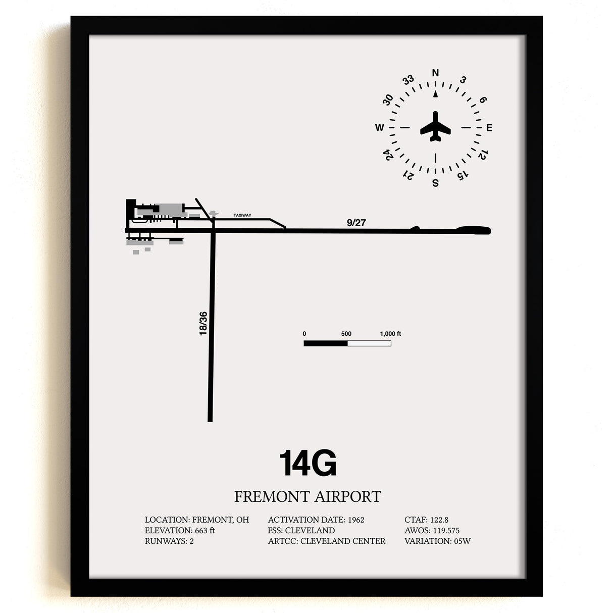 Framed Detailed Airport Map of Fremont Airport (14G) in White with a Black Frame