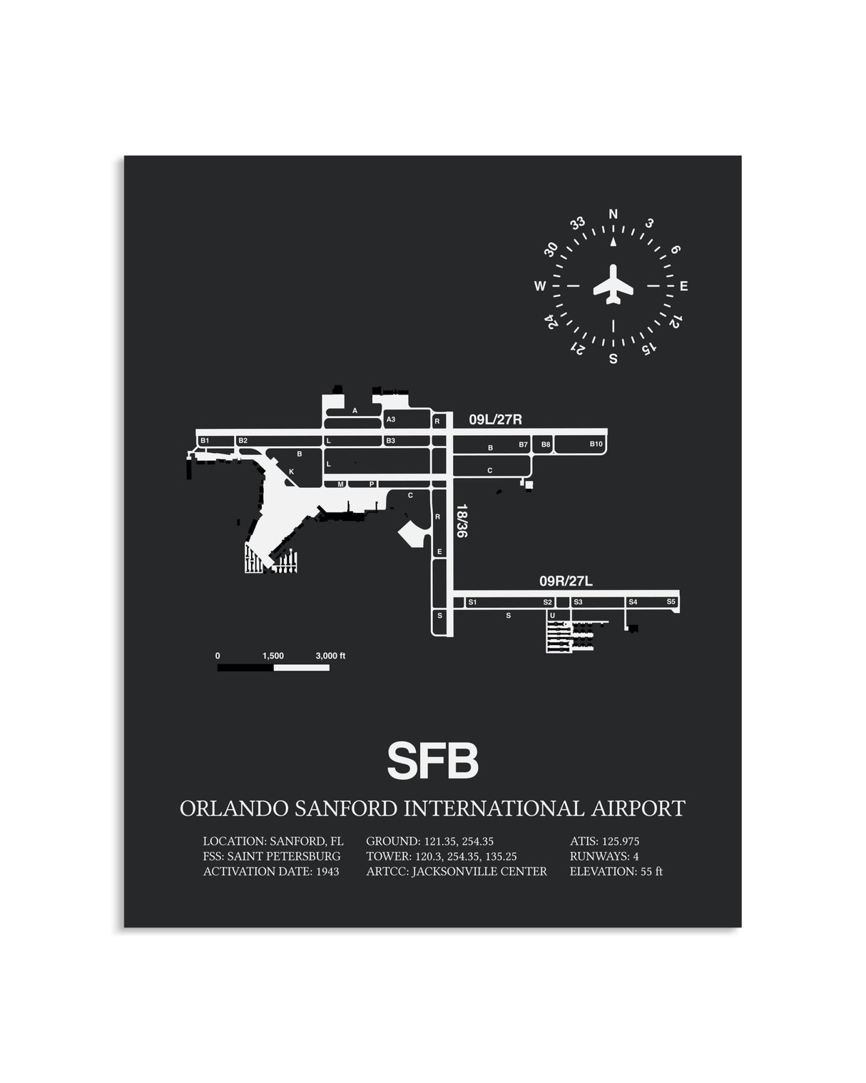 Gray Framed Orlando Sanford International Airport layout wall art poster