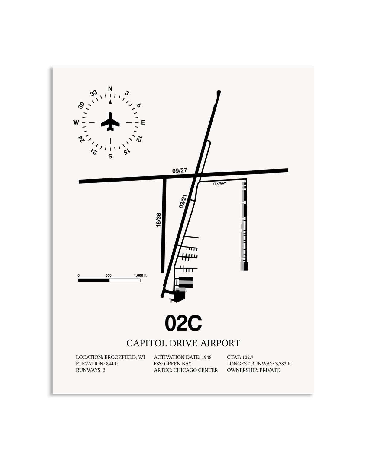 Gray Capitol Drive Airport framed poster displayed in an airplane hangar