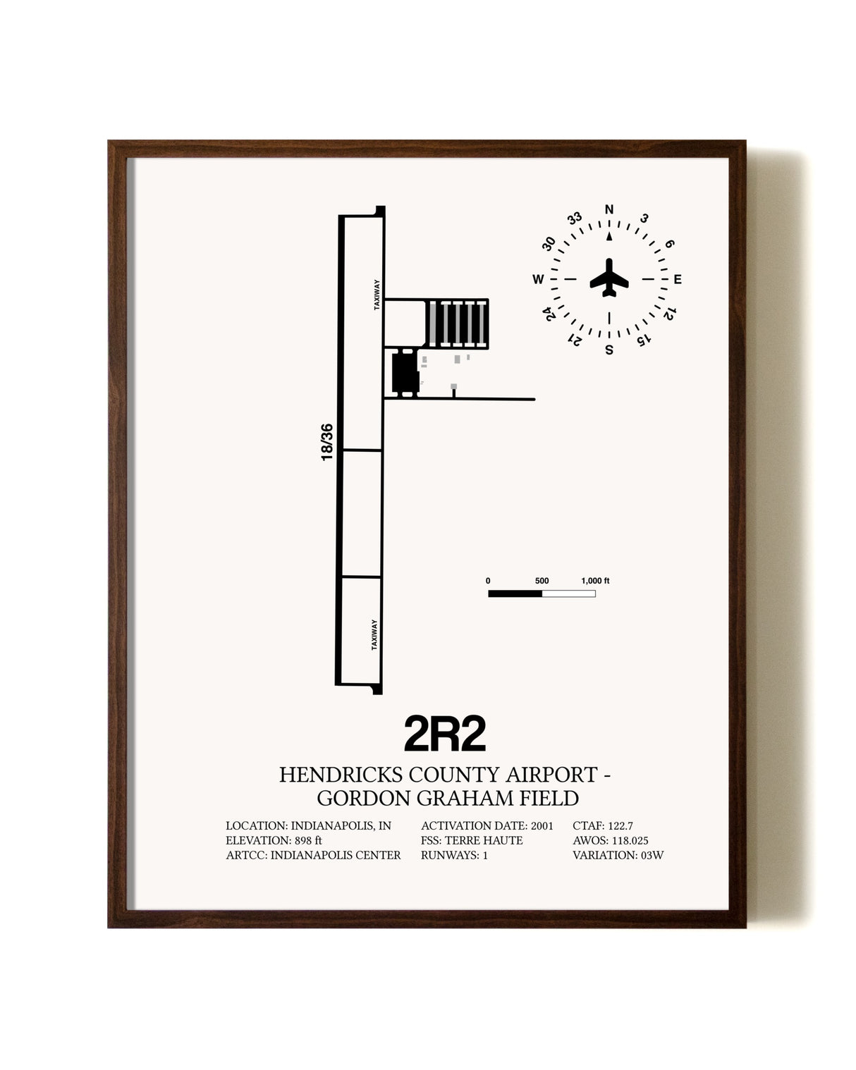 Hendricks County Airport-Gordon Graham Field aviation print in walnut frame