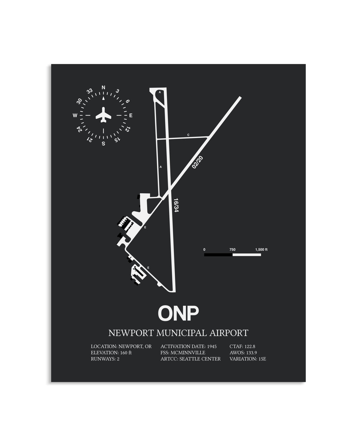 Gray Framed Newport Municipal Airport layout wall art poster