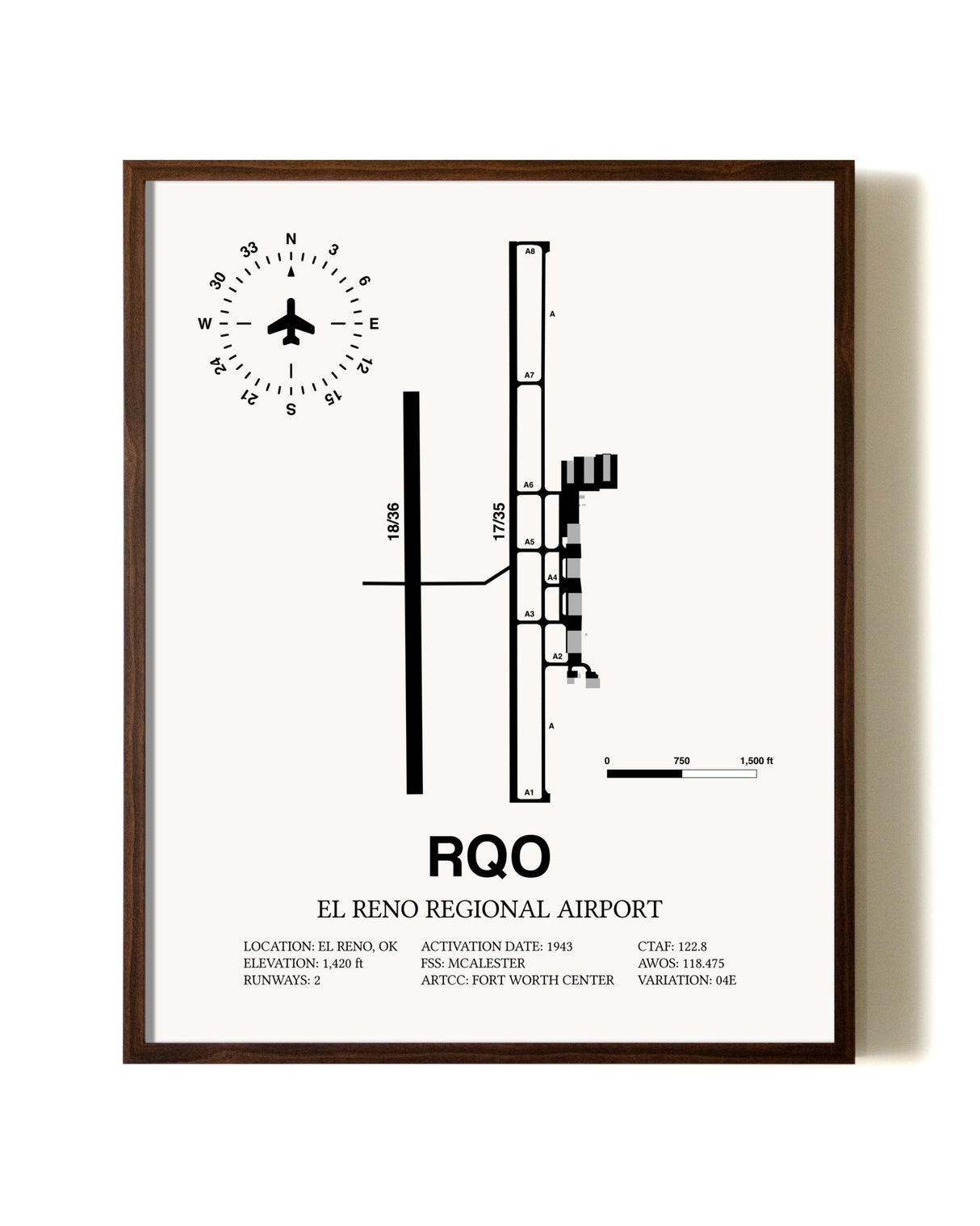 El Reno Regional Airport aviation print in walnut frame