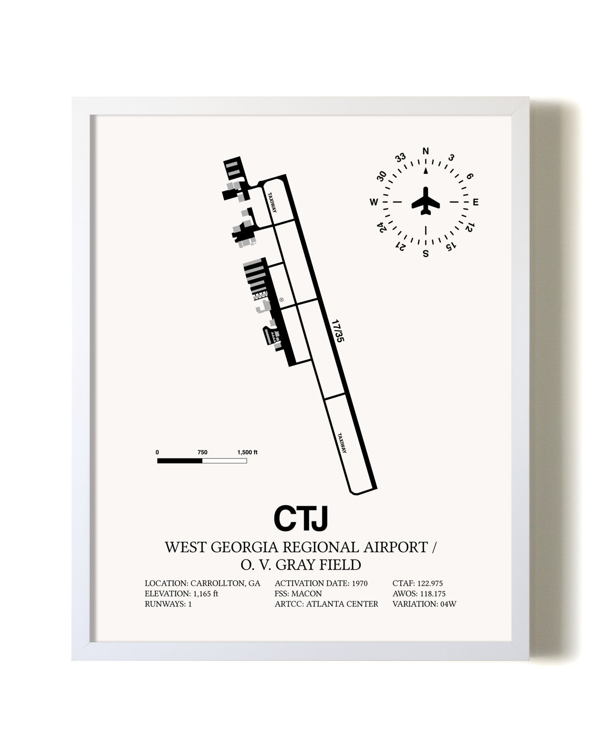 West Georgia Regional Airport/ O. V. Gray Field airport map poster in oak frame