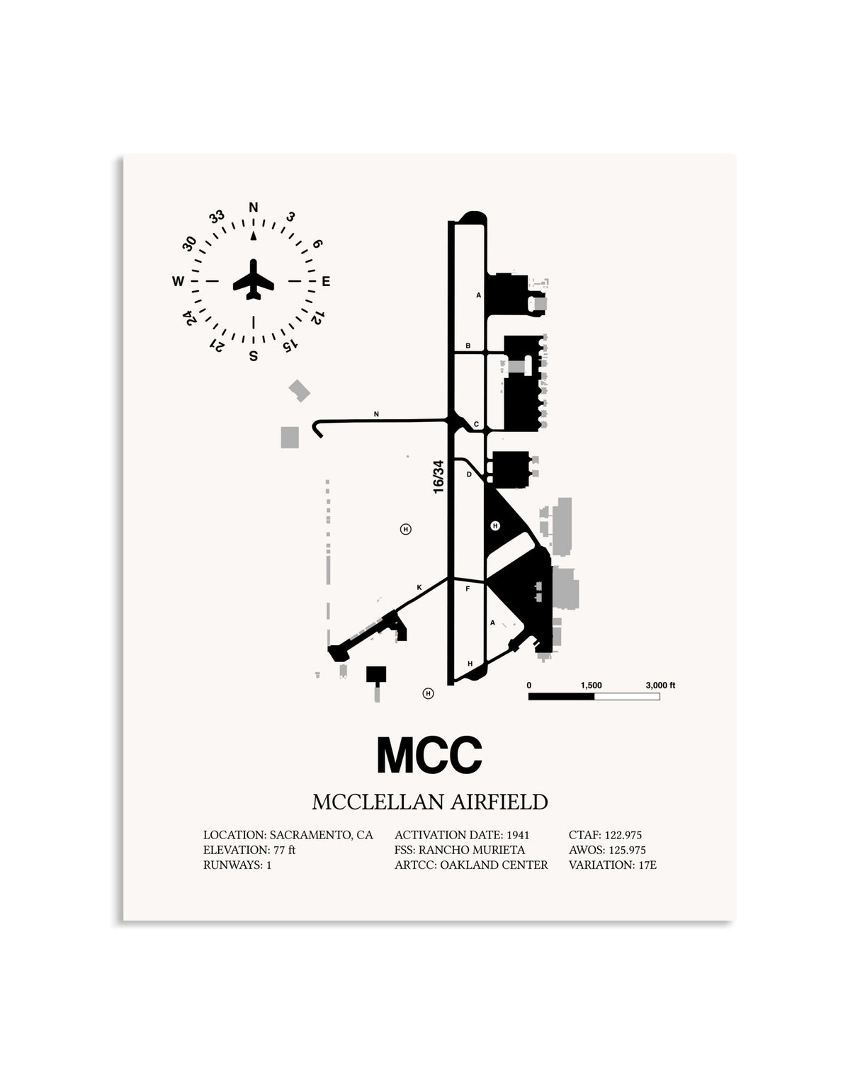 Gray McClellan Airfield framed poster displayed in an airplane hangar