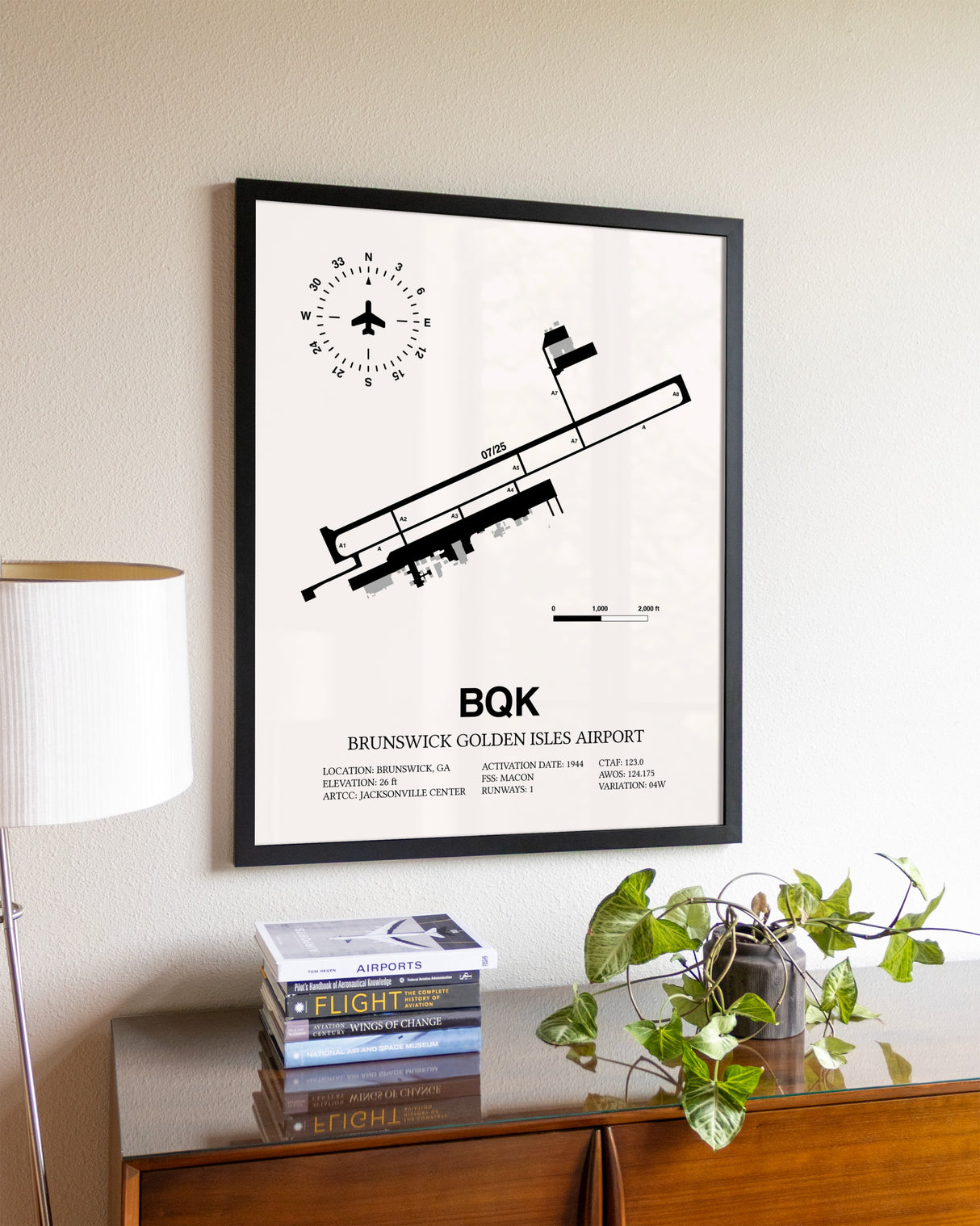 Brunswick Golden Isles Airport aviation wall décor in black wood frame