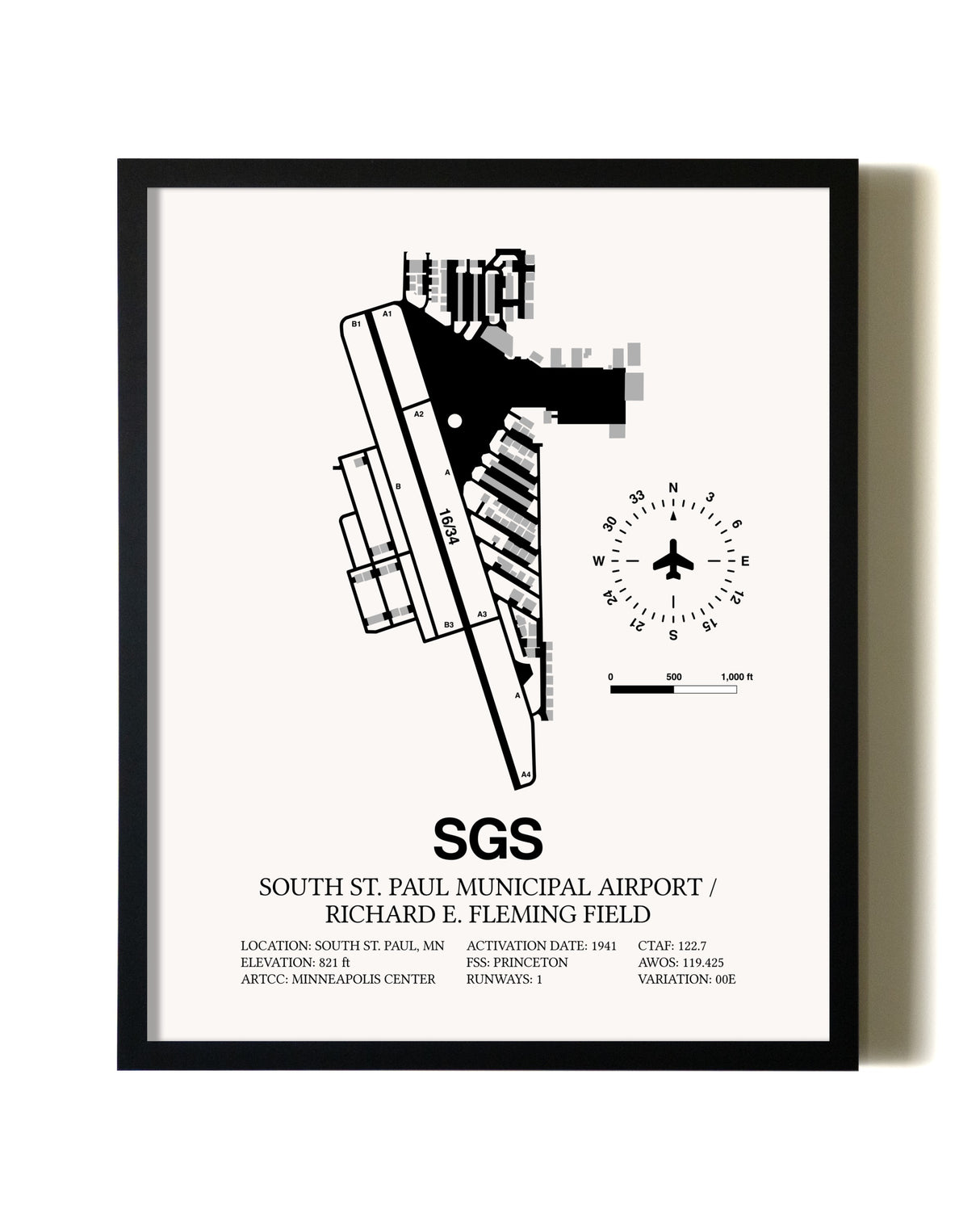 Framed South St. Paul Municipal Airport / Richard E. Fleming Field wall art poster in black frame