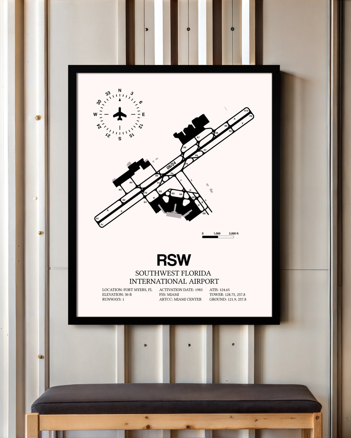 Southwest Florida International Airport framed poster displayed in an airplane hangar