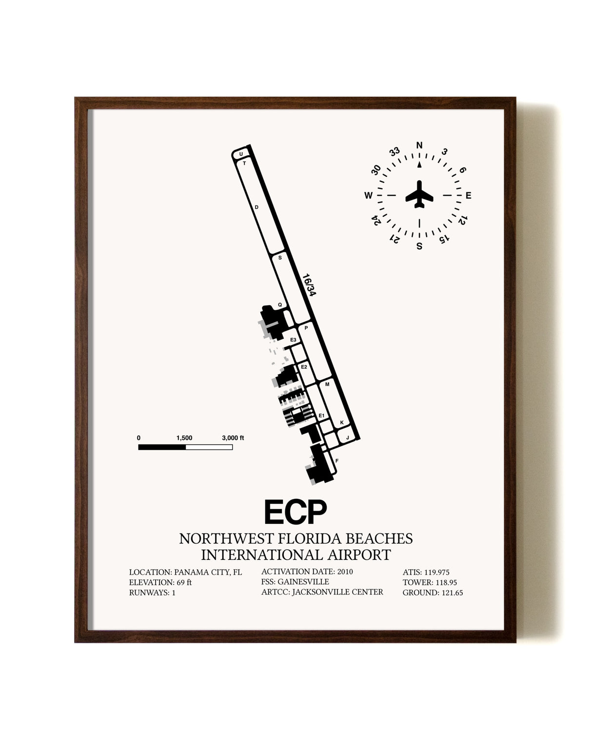 Northwest Florida Beaches International Airport aviation print in walnut frame