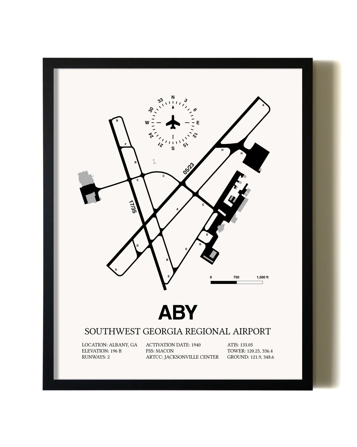 Framed Southwest Georgia Regional Airport wall art poster in black frame