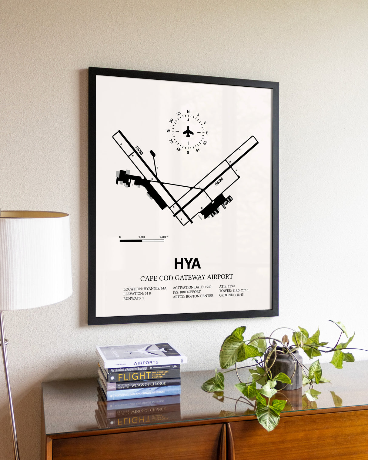 Cape Cod Gateway Airport aviation wall décor in black wood frame