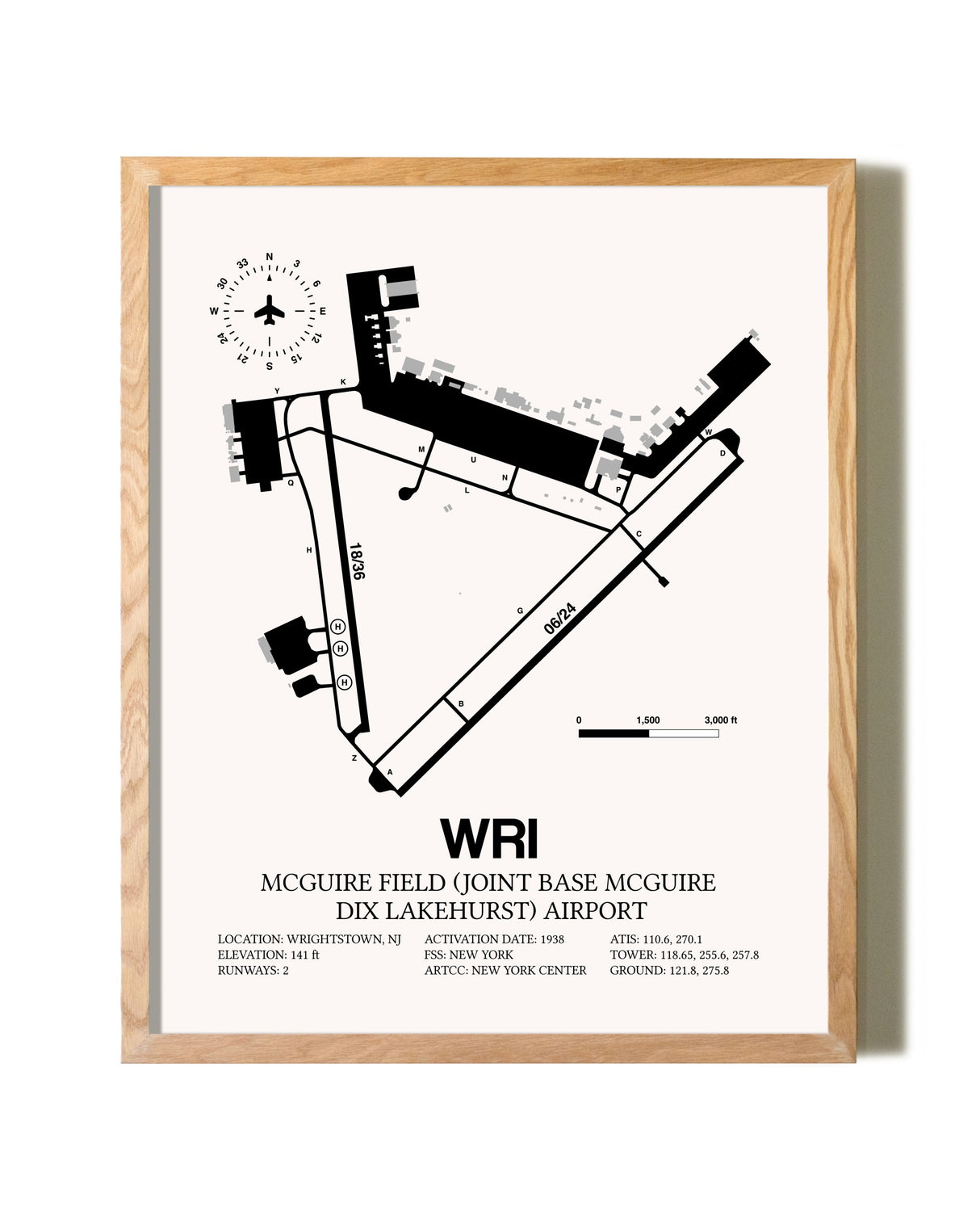 McGuire Field (Joint Base McGuire Dix Lakehurst) Airport framed print in natural wood frame