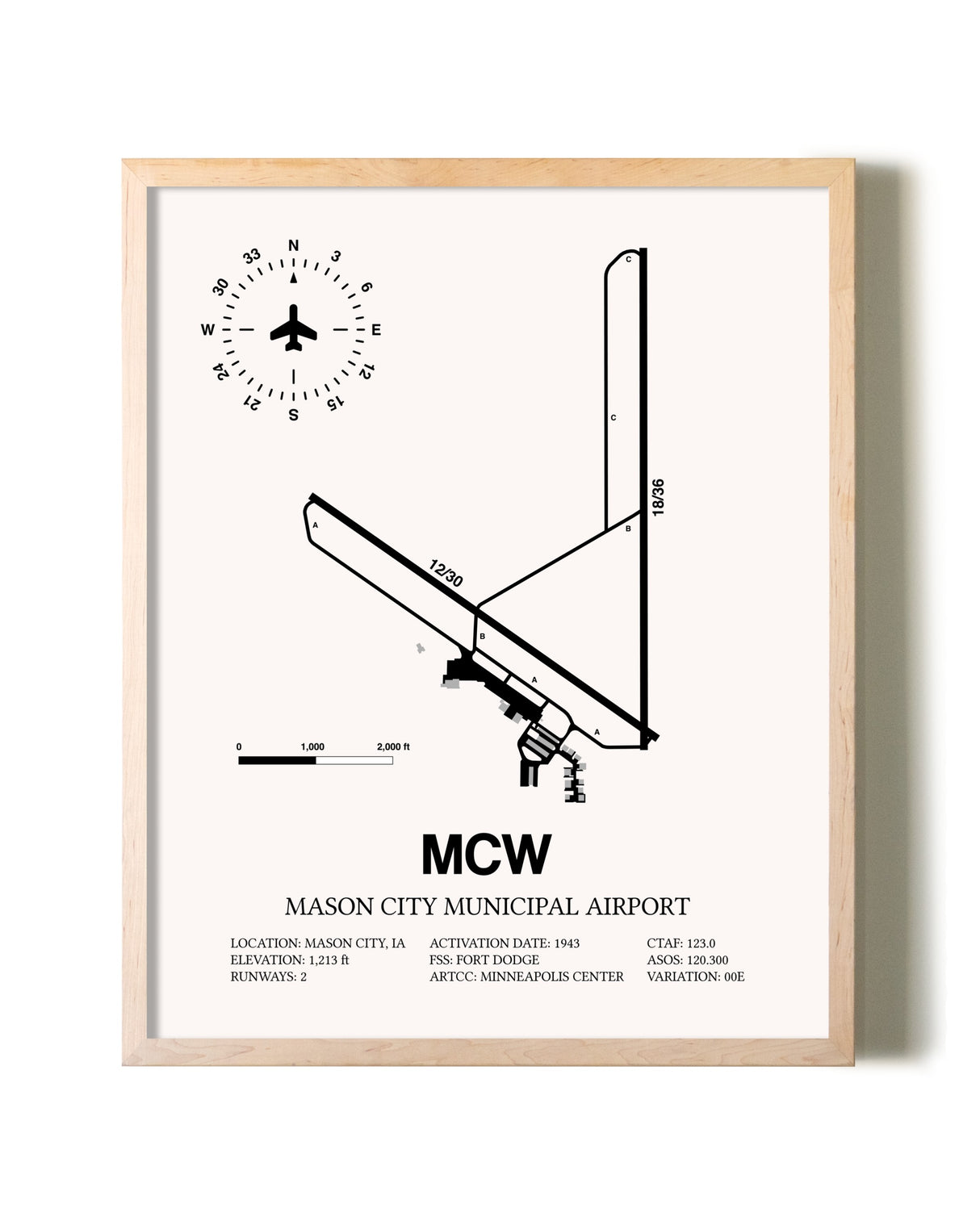 Mason City Municipal Airport framed wall art in white frame
