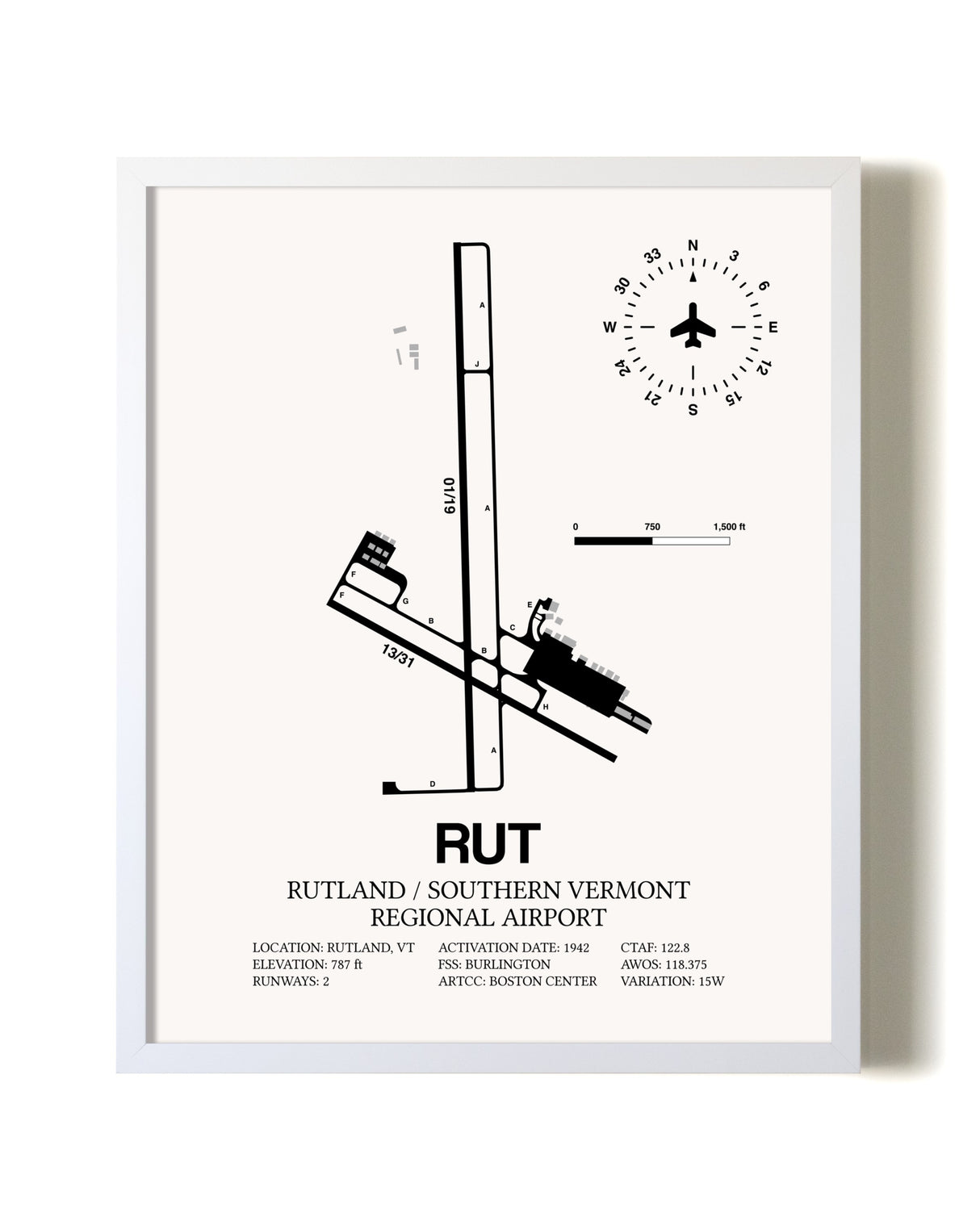 Rutland / Southern Vermont Regional Airport airport map poster in oak frame