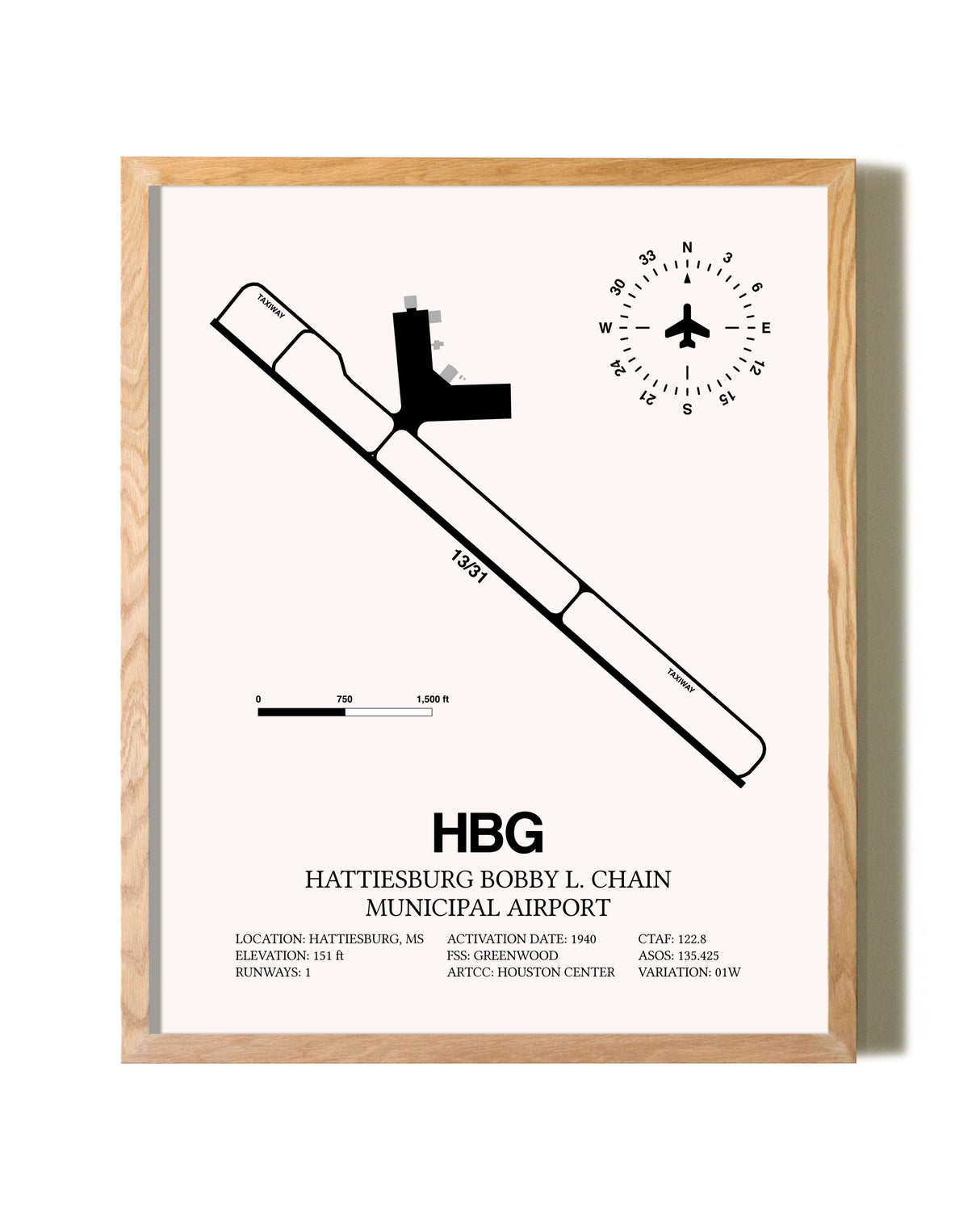 Hattiesburg Bobby L. Chain Municipal Airport framed print in natural wood frame