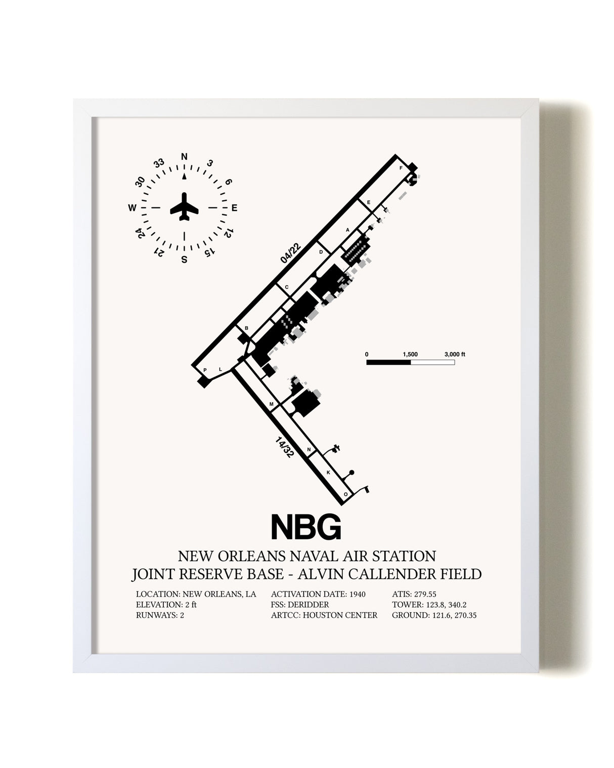 New Orleans Naval Air Station Joint Reserve Base-Alvin Callender Field airport map poster in oak frame