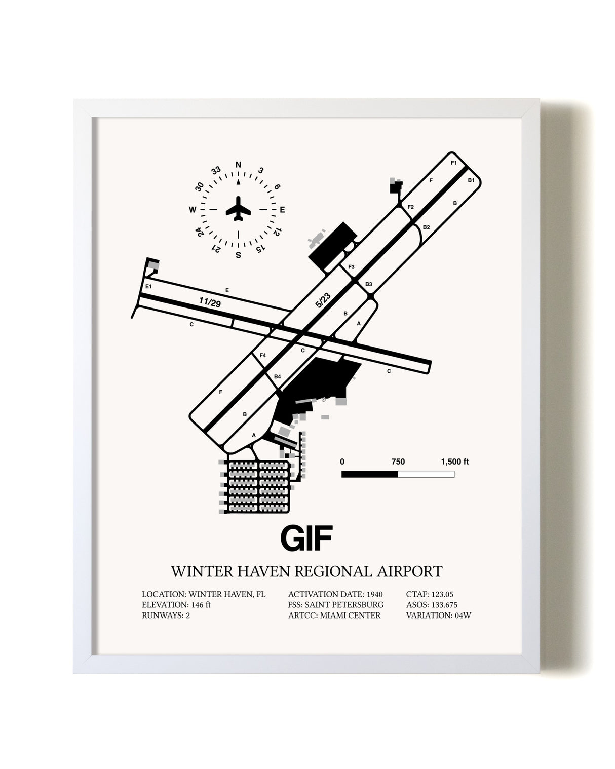 Winter Haven Regional Airport airport map poster in oak frame