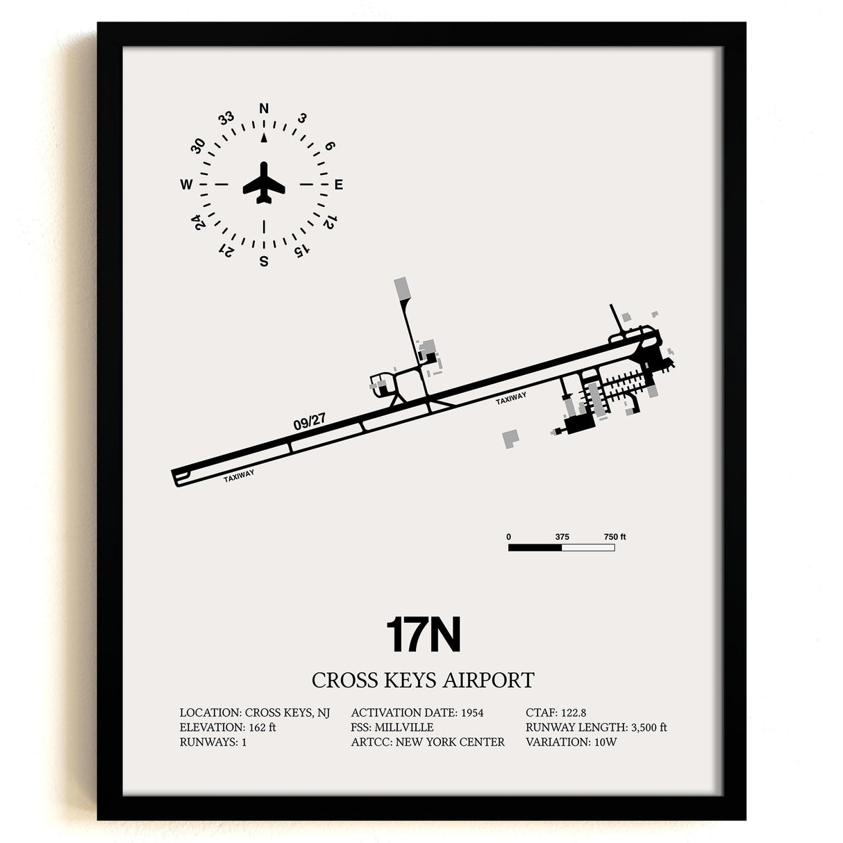 Framed Detailed Airport Map of Cross Keys Airport (17N) in White with a Black Frame