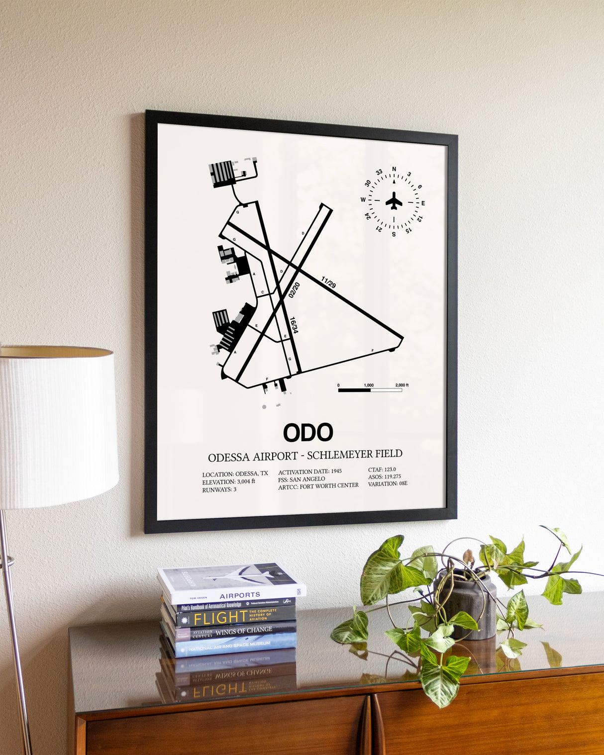 Odessa Airport-Schlemeyer Field aviation wall décor in black wood frame