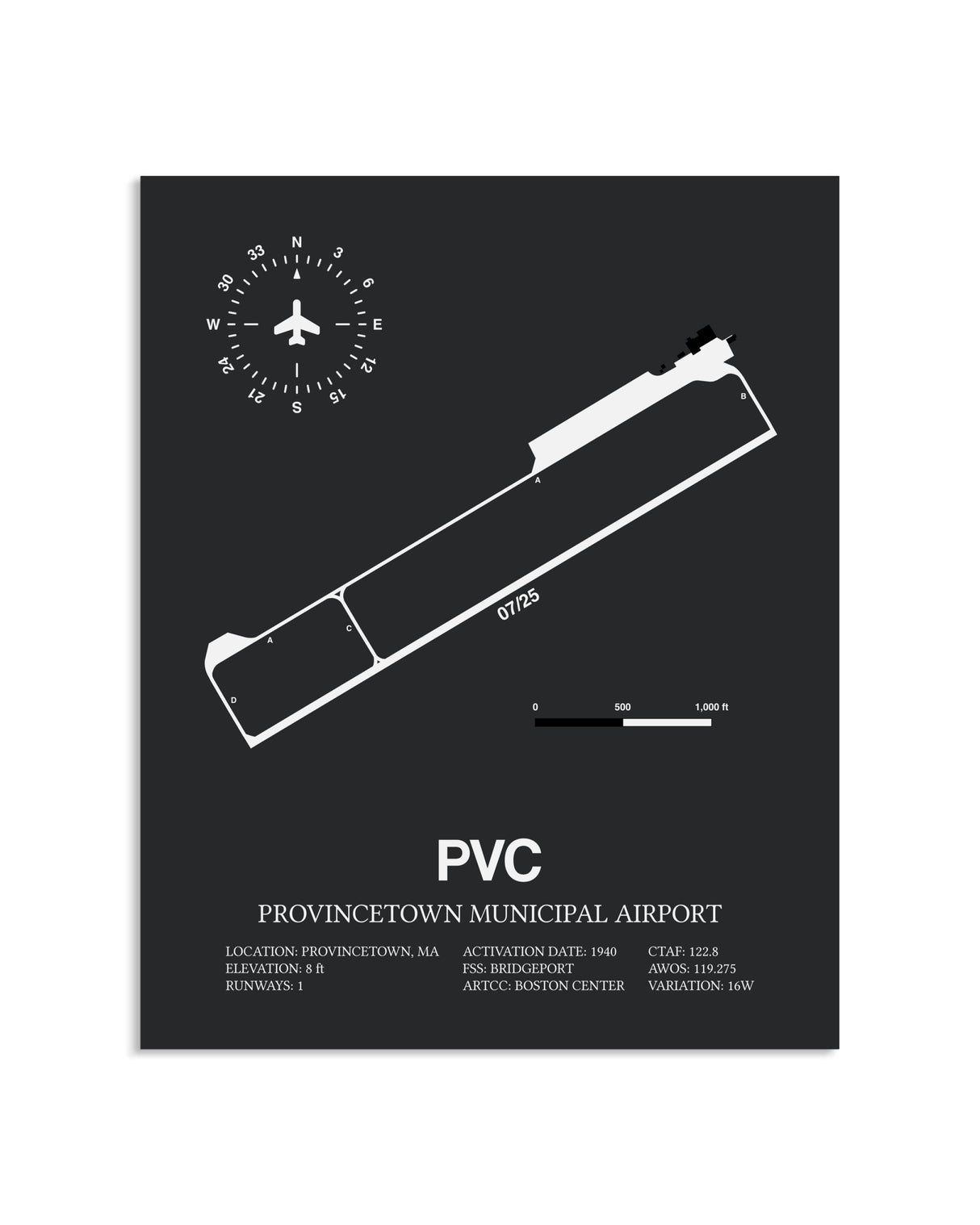Gray Framed Provincetown Municipal Airport layout wall art poster