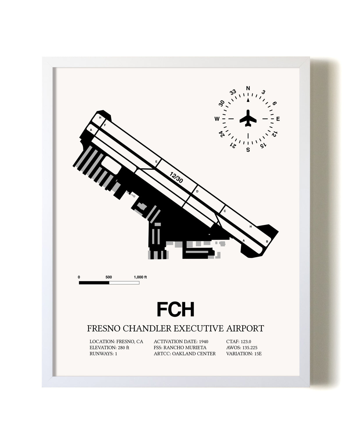 Fresno Chandler Executive Airport airport map poster in oak frame