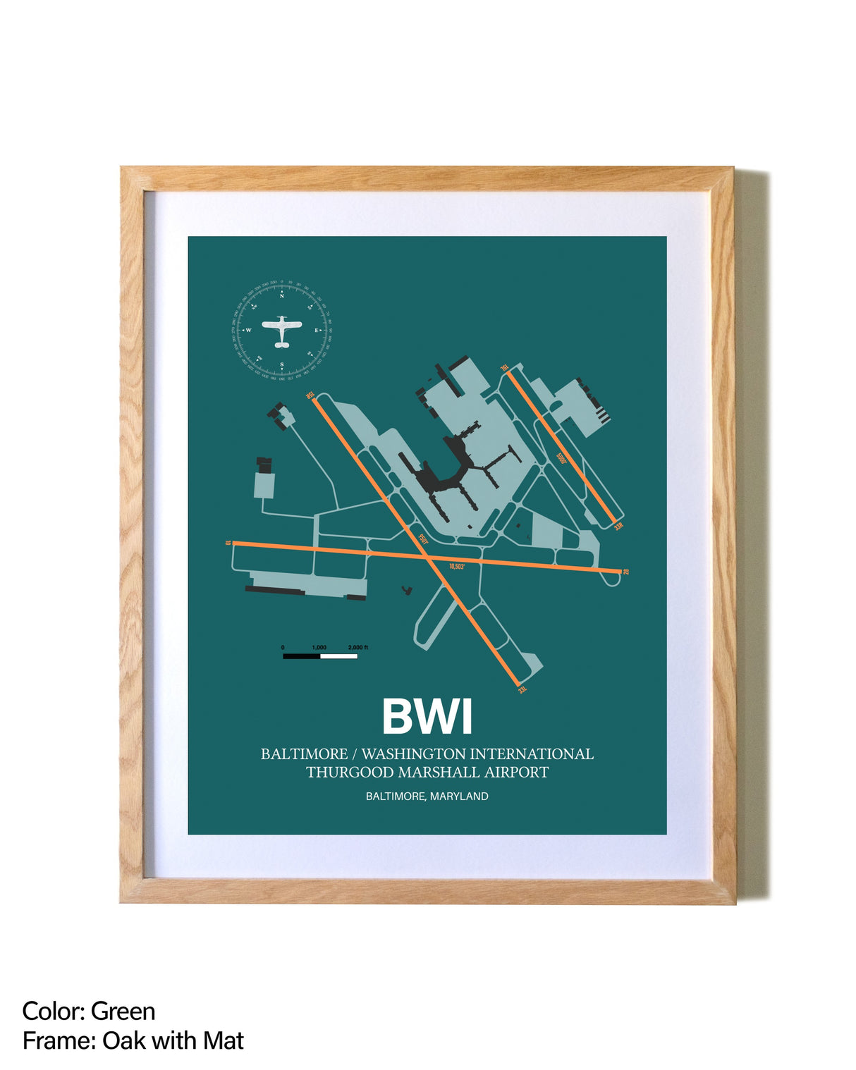 Baltimore/Washington International Thurgood Marshall Airport airport map poster in oak frame with mat
