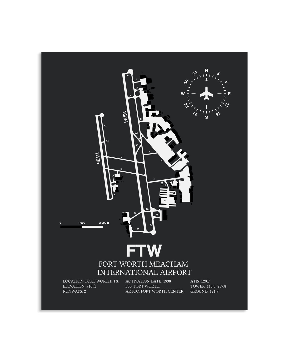 Gray Framed Fort Worth Meacham International Airport layout wall art poster
