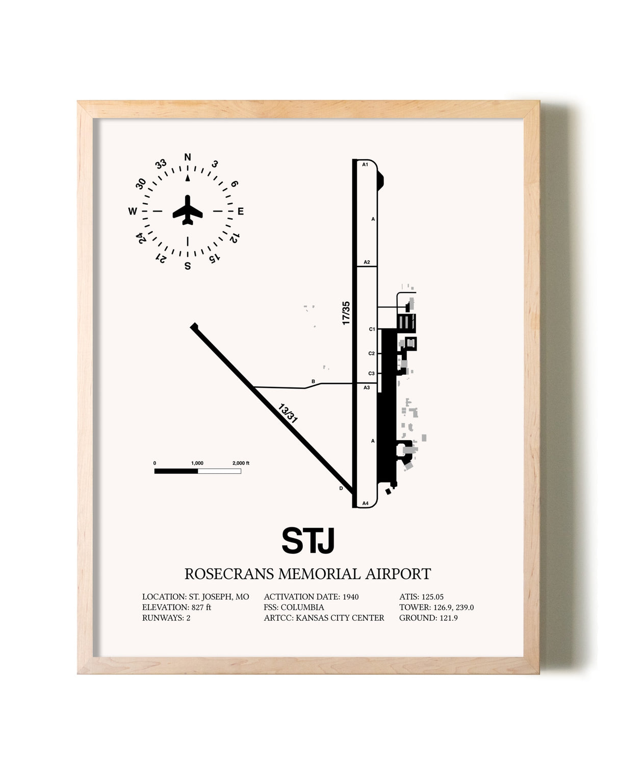 Rosecrans Memorial Airport framed wall art in white frame