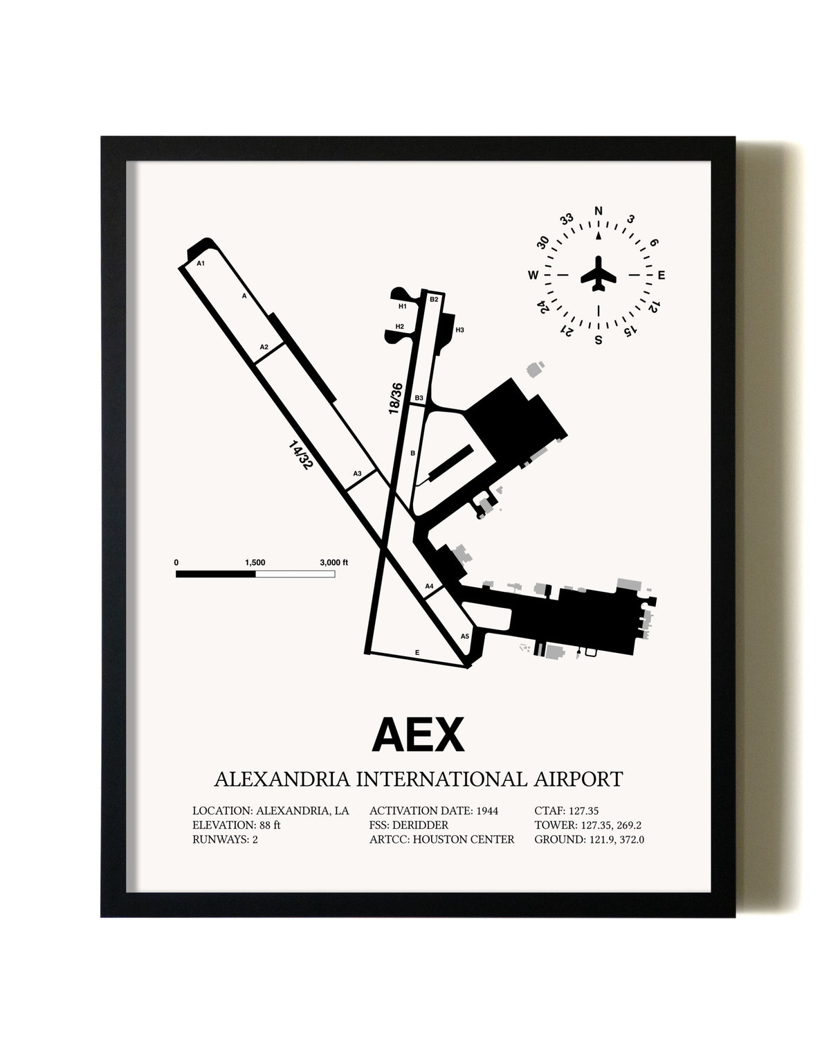 Framed Alexandria International Airport wall art poster in black frame