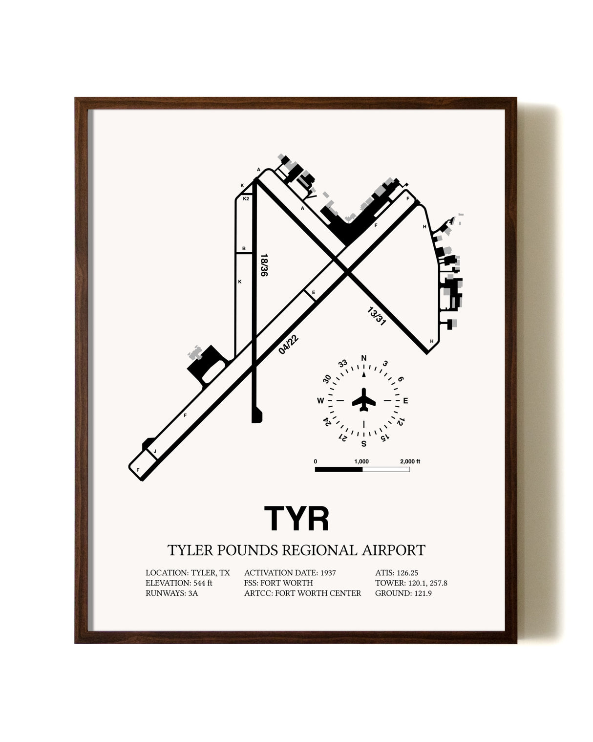 Tyler Pounds Regional Airport aviation print in walnut frame