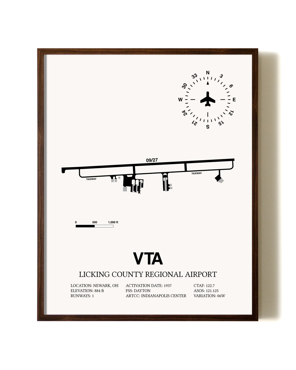 Licking County Regional Airport aviation print in walnut frame