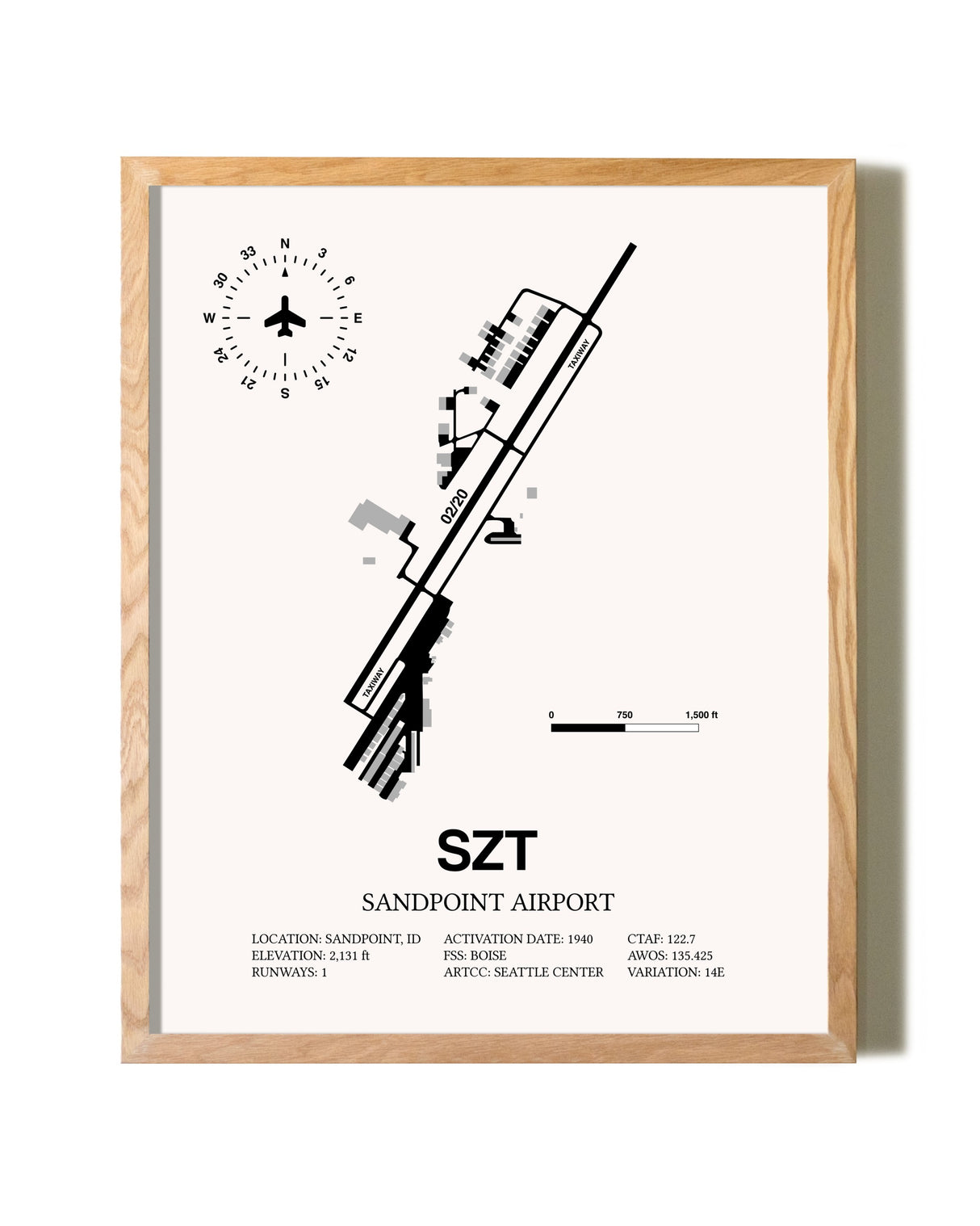 Sandpoint Airport framed print in natural wood frame