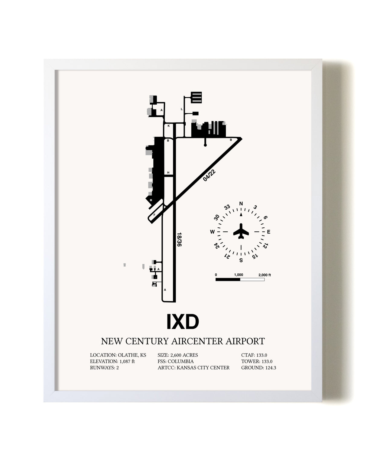 New Century Aircenter Airport airport map poster in oak frame