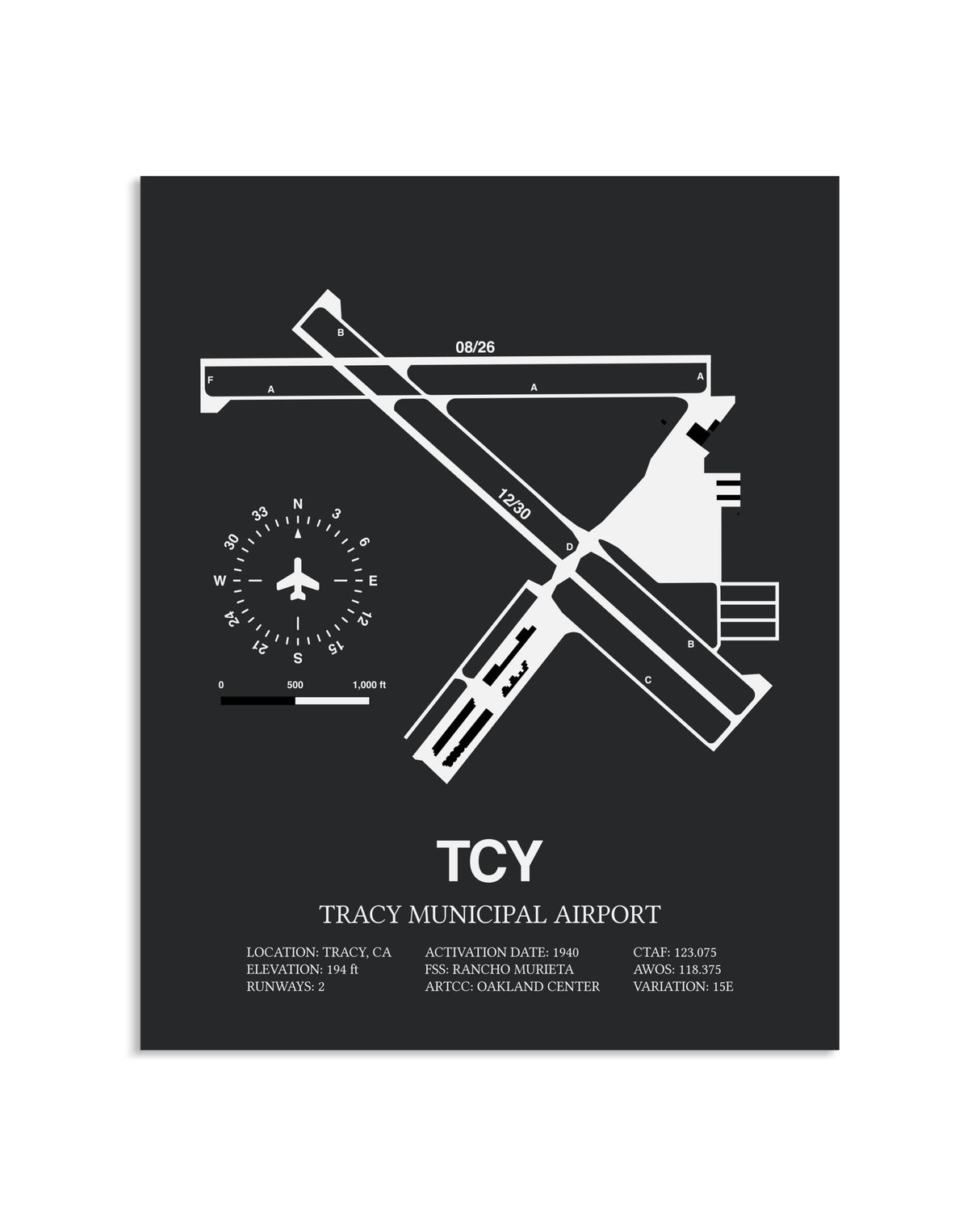 Gray Framed Tracy Municipal Airport layout wall art poster