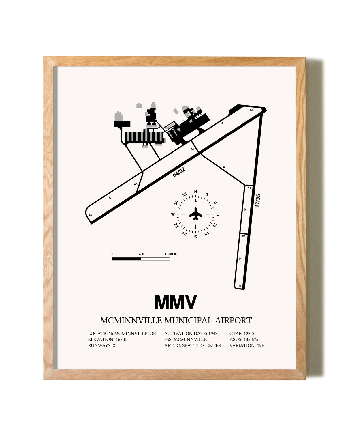 McMinnville Municipal Airport framed print in natural wood frame