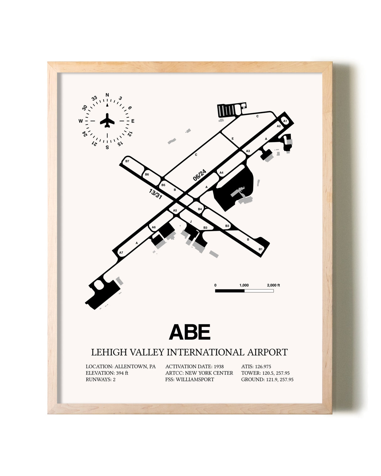 Lehigh Valley International Airport framed wall art in white frame
