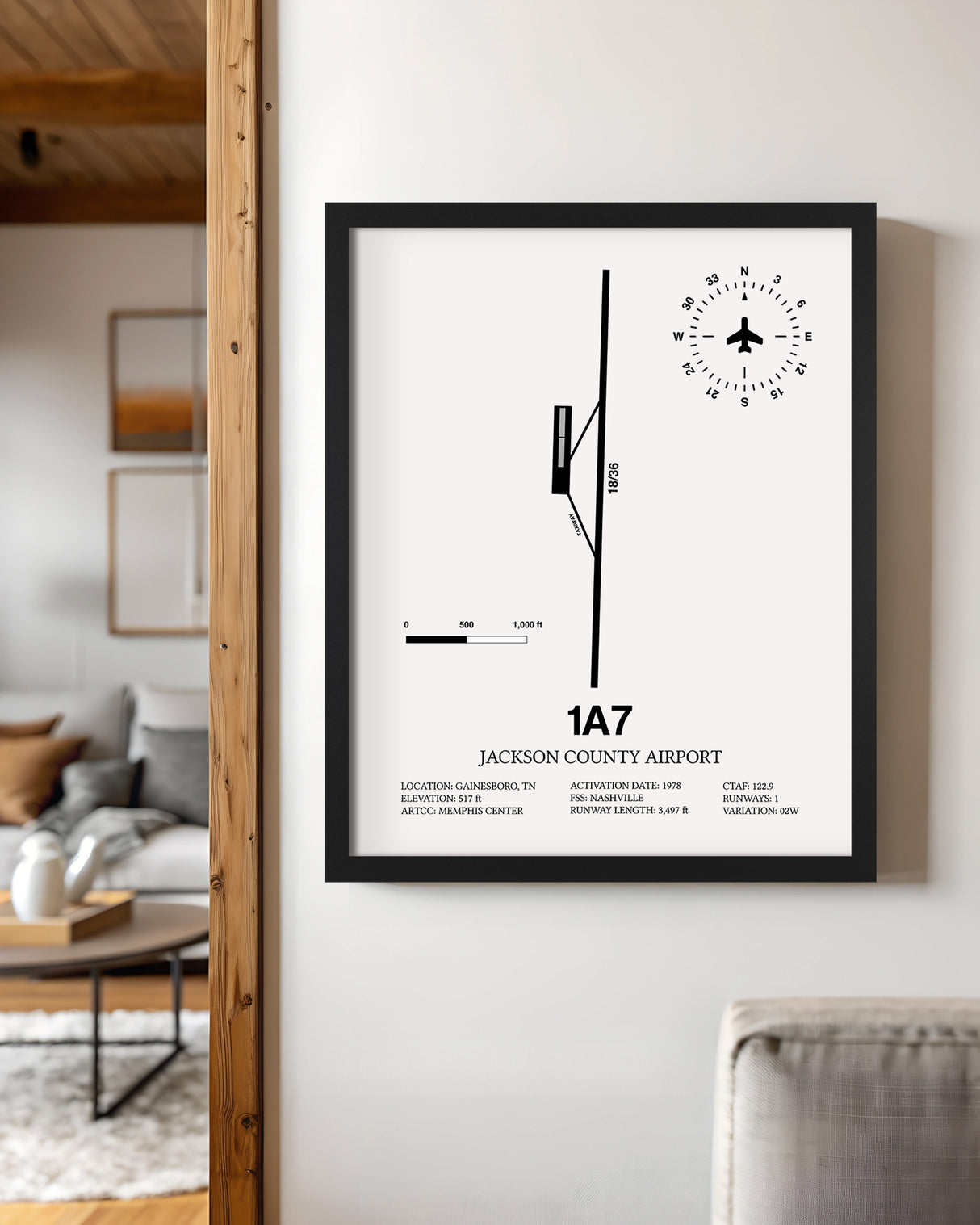Framed Detailed Airport Map of Jackson County Airport (1A7) in White with a Black Frame