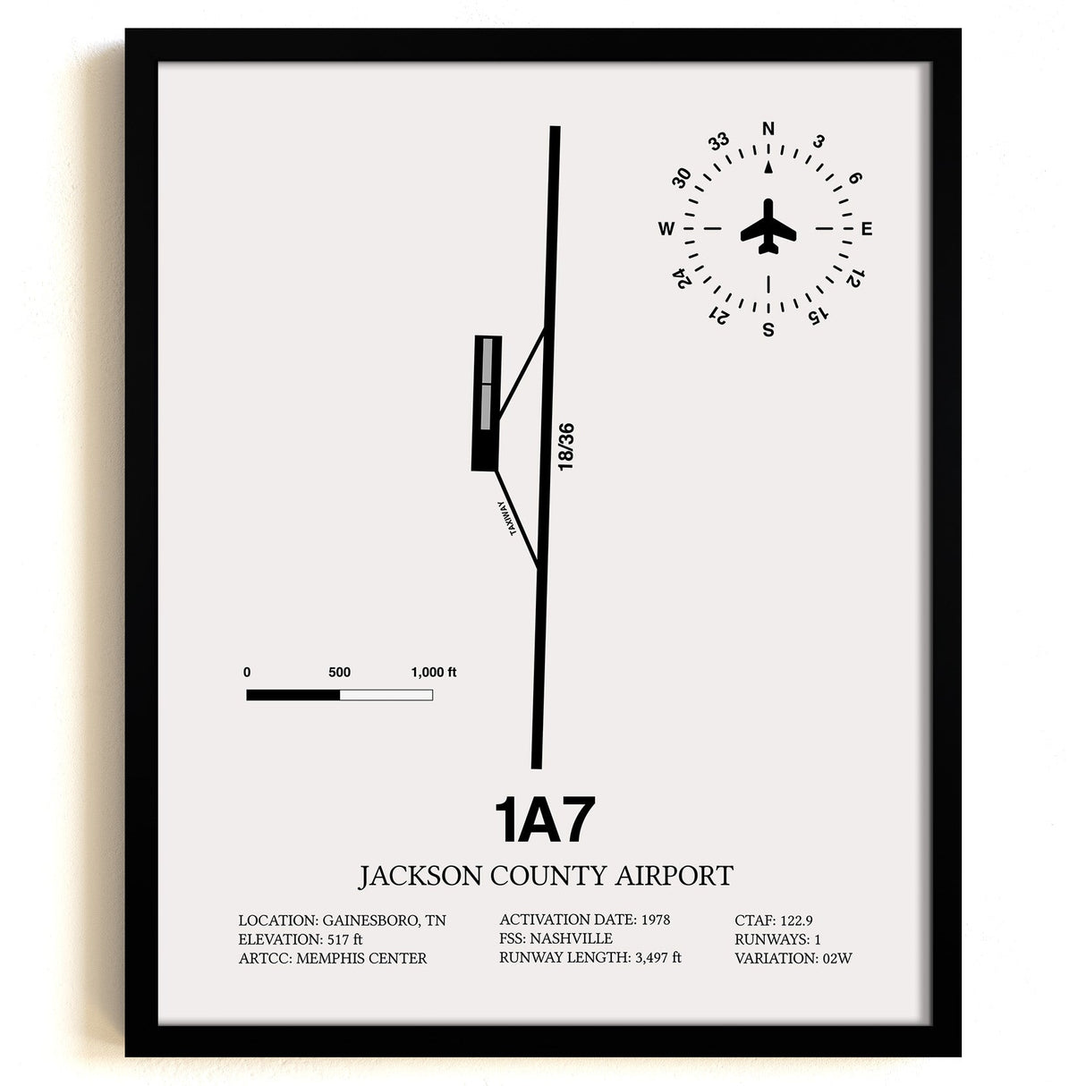 Framed Detailed Airport Map of Jackson County Airport (1A7) in White with a Black Frame