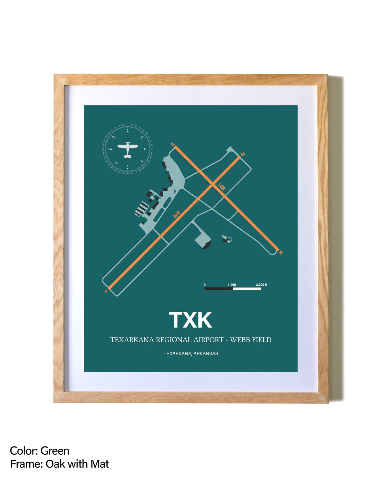 Texarkana Regional Airport - Webb Field airport map poster in oak frame with mat