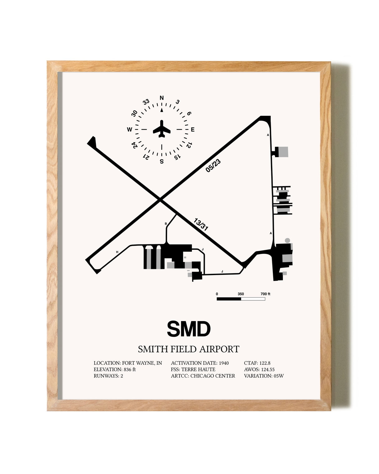 Smith Field Airport framed print in natural wood frame