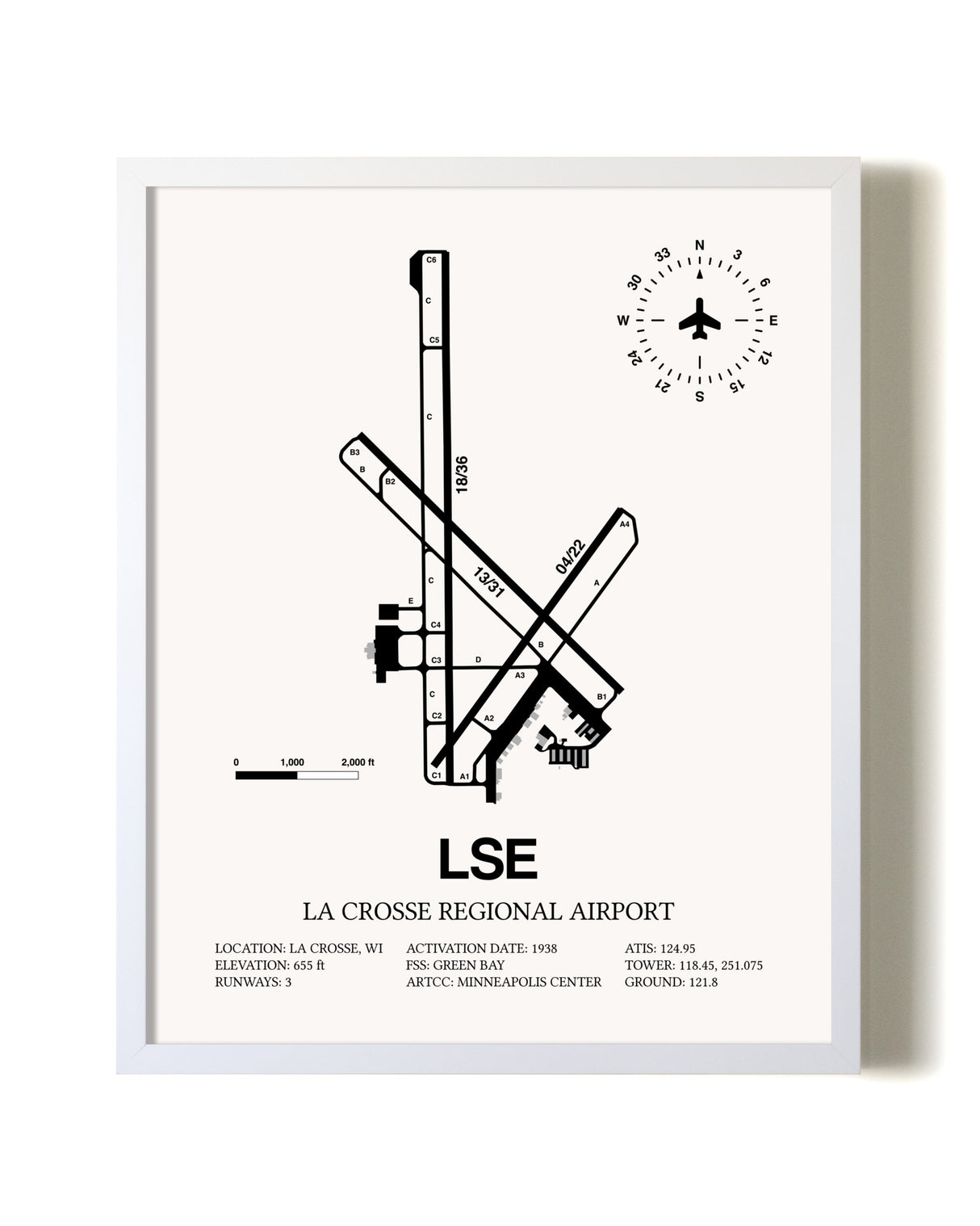 La Crosse Regional Airport airport map poster in oak frame