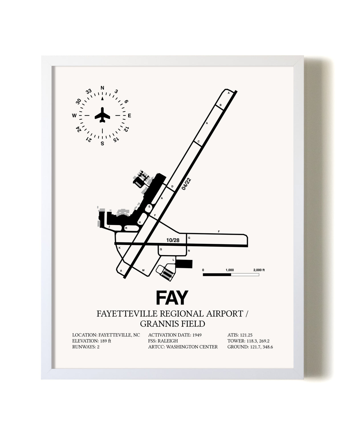 Fayetteville Regional Airport / Grannis Field airport map poster in oak frame