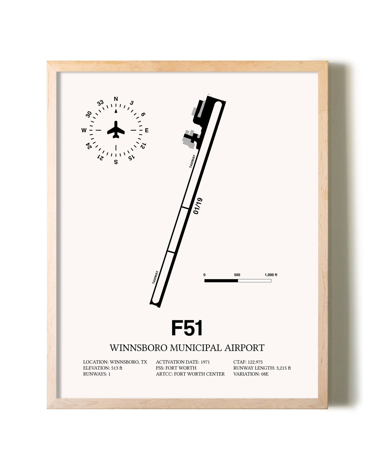 Winnsboro Municipal Airport framed wall art in white frame