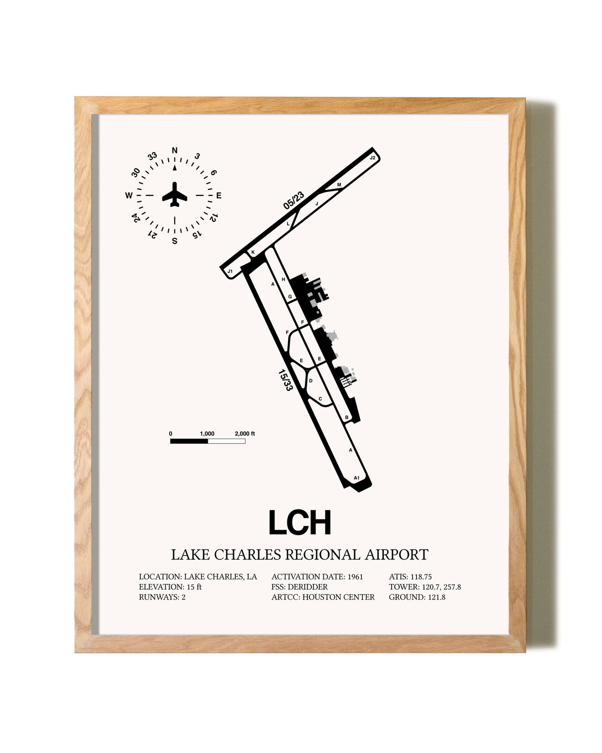 Lake Charles Regional Airport framed print in natural wood frame